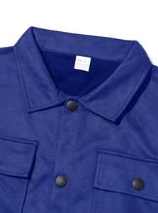 Detail view of the heavy suede jacket collar with size label and buttoned chest pockets