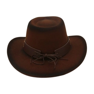 Detail of dark brown western cowboy hat with leather band and rope bow decoration