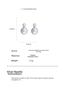 Detailed size specifications for vintage double pearl stud earrings with 925 silver needle