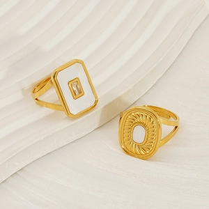 Vintage 18k gold plated adjustable stainless steel geometric rings with white enamel and zircon