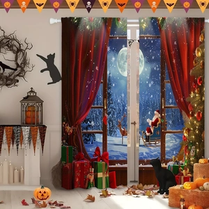 Detail of Christmas polyester velvet curtains featuring Santa Claus and reindeer print