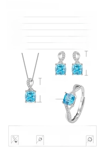 Detailed specs of S925 silver jewelry set with square light blue gems and dimensions