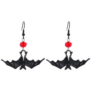 Detail of gothic bat earrings with black wings and vibrant red crystal faceted beads