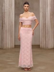 Off-Shoulder Lace Top And High Waist Mermaid Skirt Elegant Sexy Slim Women Evening Dinner Long Gown
