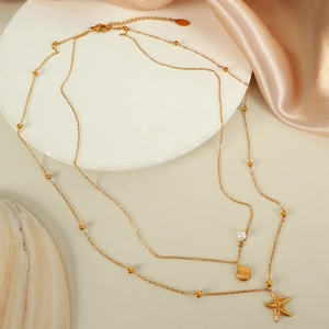 Double-layered 18K gold plated titanium steel necklace with starfish and shell pendants