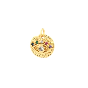 Macro shot of gold-plated evil eye charm with hammered texture and colorful zircon stones