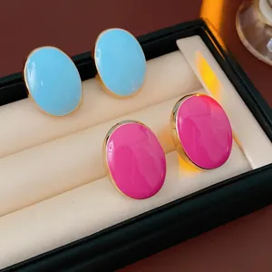 Vintage Oval Stud Earrings For Women With Silver Earring Post Retro Enamel Drip Oil French Style Jewelry Accessory