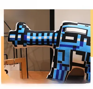 Detailed stitching of a blue pixelated plush toy with sword-shaped handle design