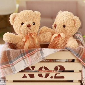 Macro detail of two small teddy bear plush skins in a wooden crate with bows