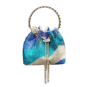 Luxurious gradient rhinestone bucket bag with crystal metal handle and tassel drawstring