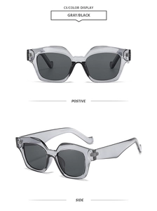 Front and side views of trendy square sunglasses with gray frames and black lenses