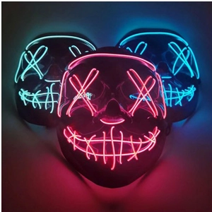 Detail of neon LED Halloween masks with glowing pink and blue EL wires in a dark stack