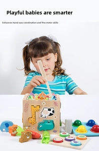 Detail of wooden Montessori toy box with magnetic fishing and animal shape sorting blocks
