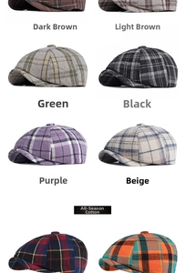 Detailed grid view showing various colors and plaid patterns of wool octagonal newsboy caps