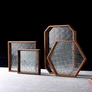 Octagonal and square wooden trays with vintage embossed glass and dark walnut frames
