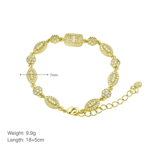 Detail view of 7mm gold leaf bracelet with cubic zirconia including dimensions and weight