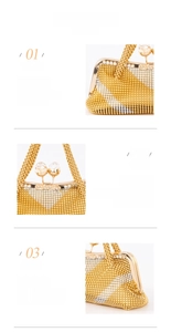 Macro detail of golden beaded evening clutch with silver stripes and crystal spherical clasp