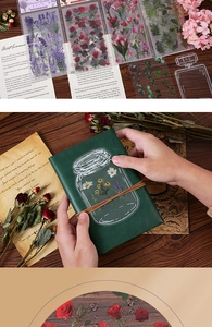 Macro detail of transparent PET botanical stickers on a vintage journal with flowers
