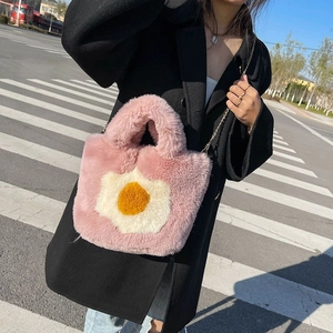 Pink plush tote bag with poached egg pattern and metal chain strap for women