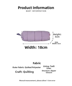 Detailed size view of a purple quilted pencil case showing dimensions 18x6x6cm