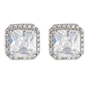 Classic silver halo stud earrings with square cut clear cubic zirconia stones