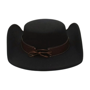 Cappello da cowboy classico in feltro nero con fascia in pelle marrone e tesa larga curva