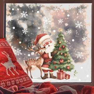 Christmas Window Cling Stickers PVC Static Santa Claus Reindeer Tree Snowflake Cartoon Glass Door Holiday Home Decoration