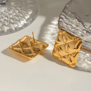 Classic 18k gold plated stainless steel square earrings with quilted texture design