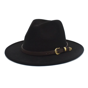 Classic black wool fedora hat with brown leather belt and vintage gold buckle on white back