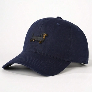 Navy blue cotton baseball cap with detailed dachshund embroidery and adjustable strap