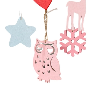 Wooden Christmas tree ornaments in owl star and heart shapes with hanging strings
