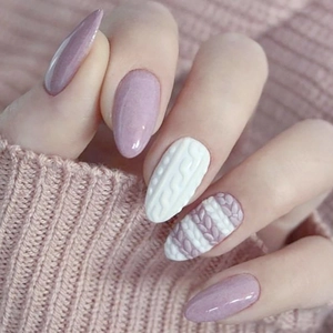 Press On Nails Violet Blanc Texture Pull 3D Rayures Forme Amande Faux Ongles Artificiels Pour Femmes Manucure