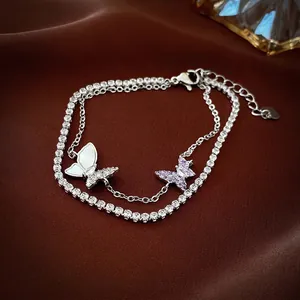 Bracciale A Doppio Strato Con Ciondolo A Farfalla Lega Zircone Viola Conchiglia Bianca Gioielli Eleganti Per Donna