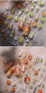 Detailed relief nail art stickers with traditional Chinese bunny and floral motifs