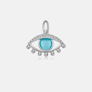Macro detail of S925 silver Evil Eye pendant with blue stone and micro-pave zirconia