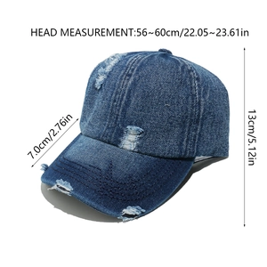 Detailed size specifications for washed denim baseball cap with distressed hole details