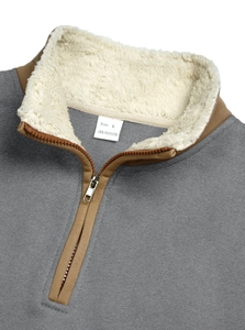 Detail of quarter-zip gray sweatshirt with brown trim and soft sherpa fleece collar lining