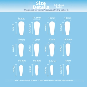 Size chart for extra long ballet gradient press-on nails with 12 dimensions