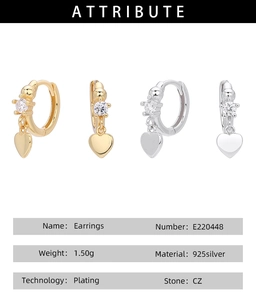 Detail showing S925 sterling silver heart earrings with CZ stones and technical dimensions
