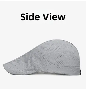 Side view detail of light gray breathable newsboy cap with laser-cut ventilation holes