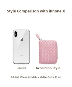 Pink woven leather card holder size comparison next to a smartphone for scale