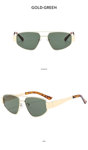 Gold metal double bridge aviator sunglasses with green lenses and tortoiseshell tips