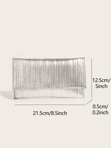 Silver pleated evening clutch bag dimensions showing 21.5cm length and 12.5cm height detail