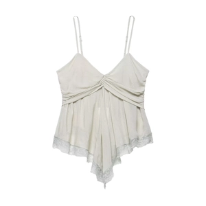 Women's Camisole Top Georgette Ruched Lace Trim Adjustable Straps Cropped Slim Fit Casual Sexy Streetwear