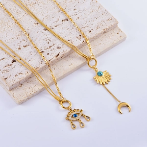 Bohemian Stainless Steel Evil Eye Pendant Necklace Gold Plated Star Moon Turquoise Tassel Choker For Women Fashion Jewelry