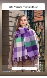Close-up of purple and green plaid knit scarf with long decorative fringe tassels
