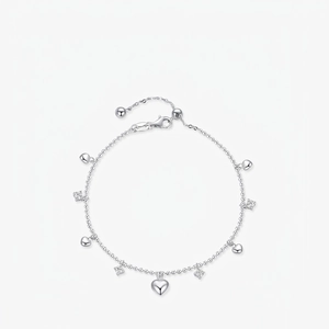 925 Sterling Silver Heart Pendant Bracelet With Cubic Zirconia Minimalist Round Bead Chain Adjustable Jewelry For Women