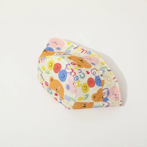 Detailed close-up of cotton baby sun hat with colorful bear and tulip graffiti prints