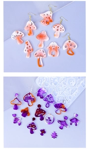 Detail of mushroom resin earrings and silicone mold for jewelry making accessories