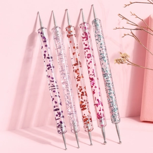 Set of 5 dual-ended acrylic nail dotting pens with colorful crystal glitter handles